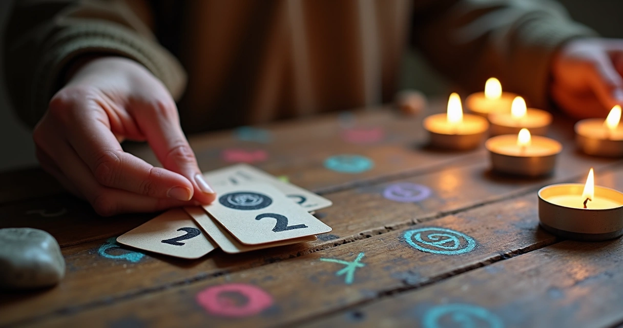 Mão segurando cartões numerados sobre mesa com velas e símbolos místicos 