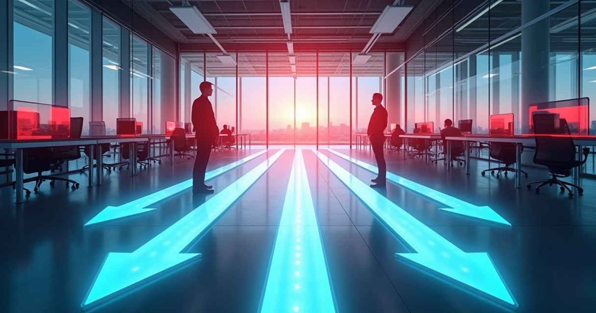 Representação de fluxos de energia bloqueados em um escritório corporativo visualmente moderno 