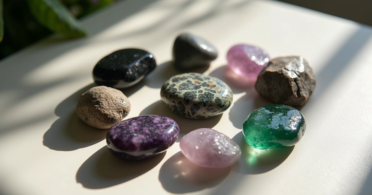 Pedras de proteção coloridas sobre um fundo claro 