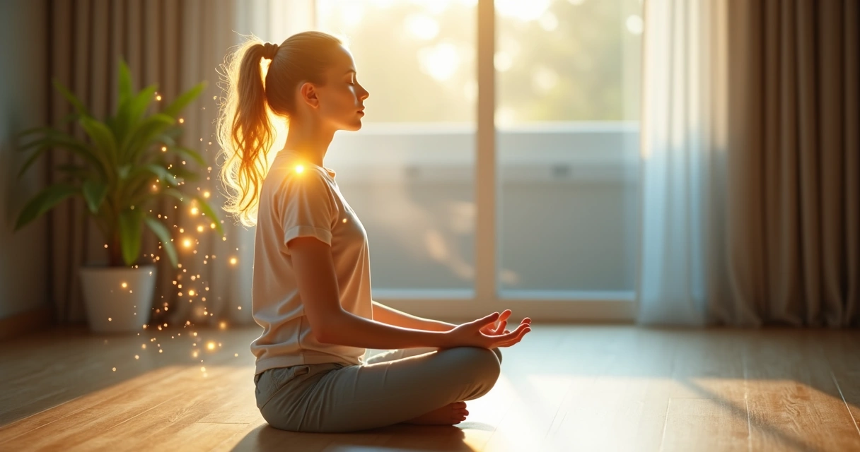 Pessoa meditando envolta em aura de luz e símbolos espirituais 