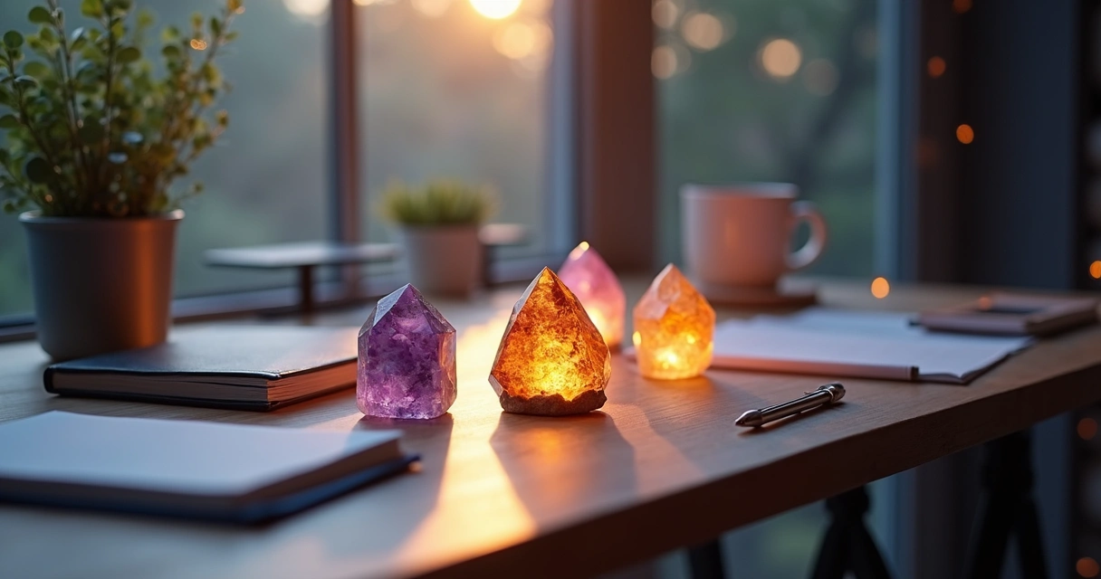 Cristais sobre mesa de trabalho irradiando energia positiva 