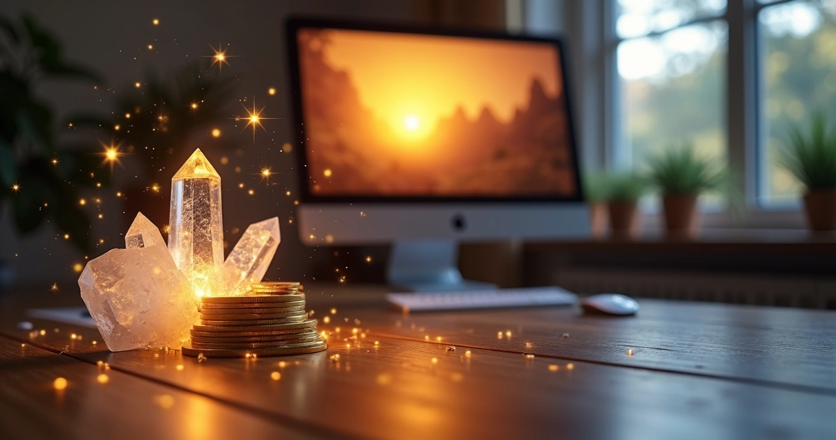 Cristais, moedas douradas e tela de computador emitindo luz dourada, simbolizando prosperidade energética em ambiente digital. 