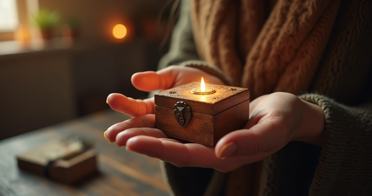 Mão feminina segurando um objeto antigo de madeira sob uma luz suave. 