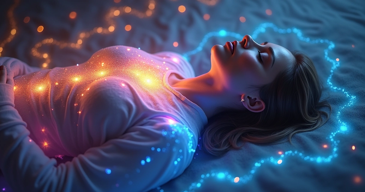 Raios coloridos representando chakras alinhados sobre corpo de mulher deitada 