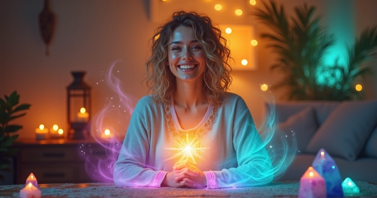 Mulher sorrindo envolta por auras de luz colorida
