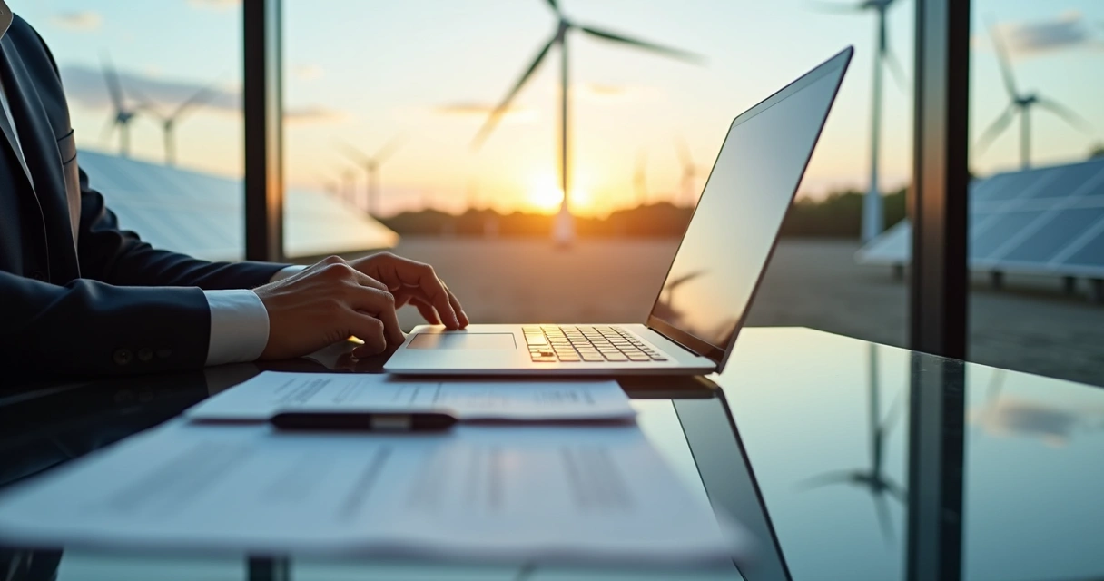 Profissional revisando contrato digital em ambiente moderno com painel de energia solar ao fundo 