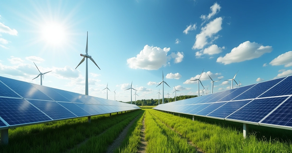 Painéis solares e turbinas eólicas em campo com céu azul 