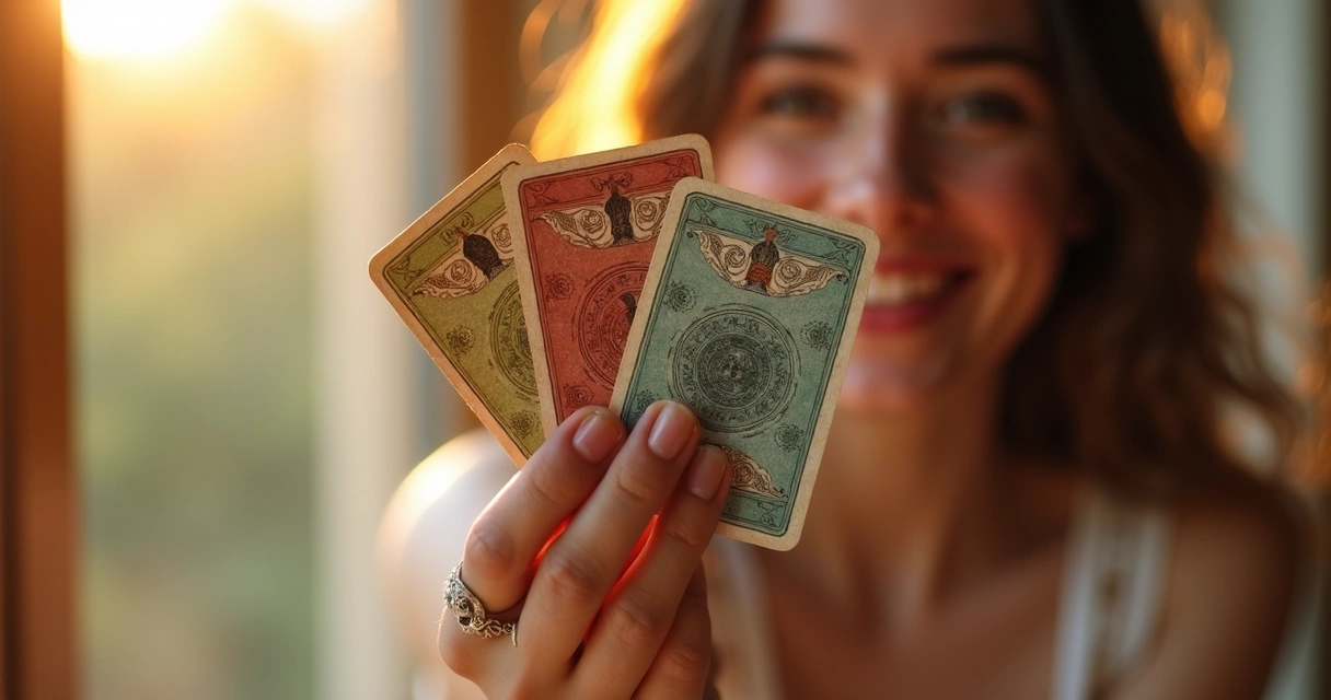 Mulher sorridente segurando cartas do baralho cigano iluminadas. 