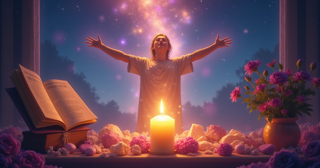 Altar with a glowing candle and open spell book surrounded by flowers, symbolizing belief in sympathetic energy.