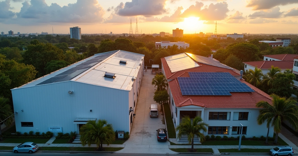 Vista aérea de galpão comercial e casa com telhados cobertos por painéis solares ao pôr do sol 