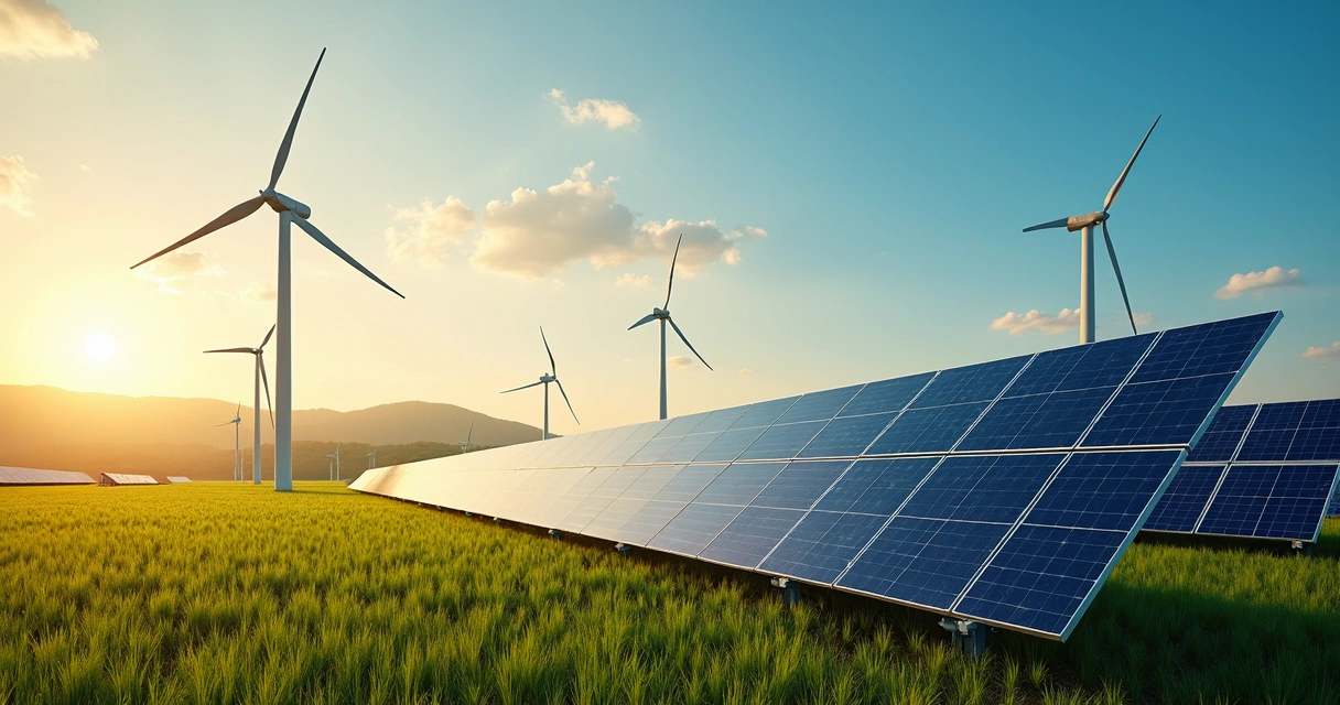 Parque de energia solar e torres eólicas na paisagem brasileira