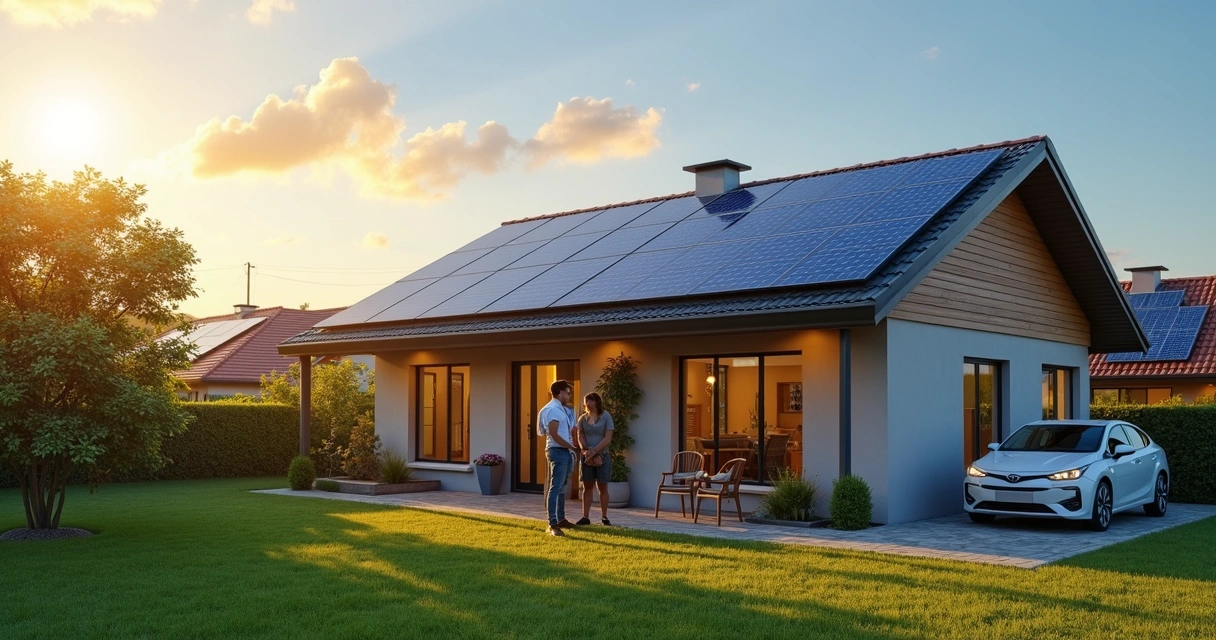 Casa moderna com painéis solares no telhado ao pôr do sol 