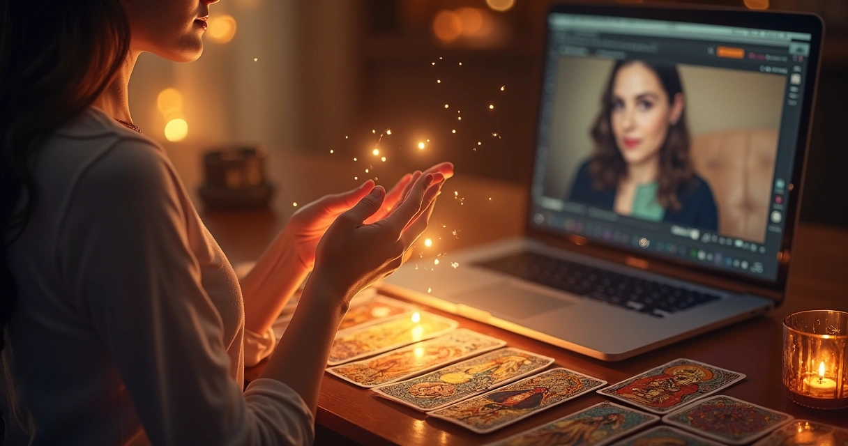 Mulher conectada à energia espiritual durante consulta de tarot online 