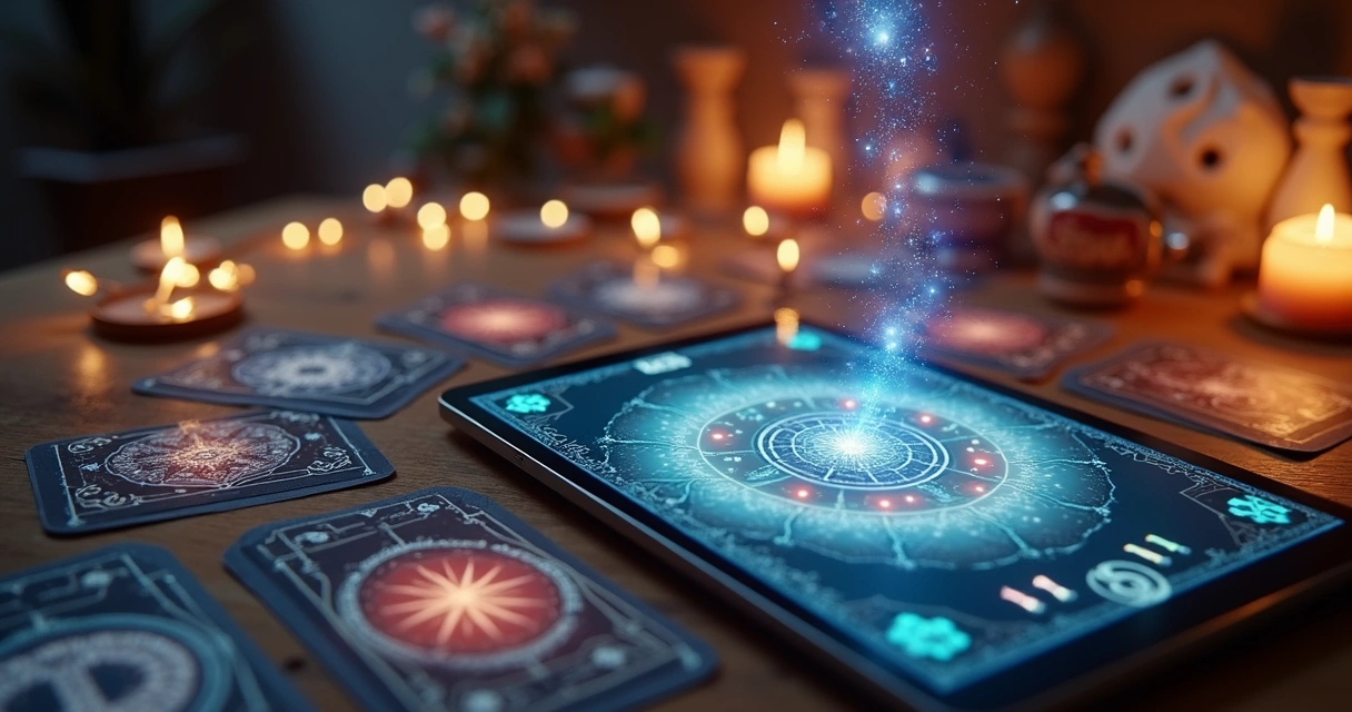 Mesa de tarot digital com cartas, símbolos energéticos e luz suave representando conexão à distância 