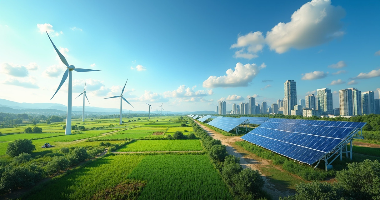 Painéis solares e turbinas eólicas integrando paisagem rural latino-americana e urbana europeia. 