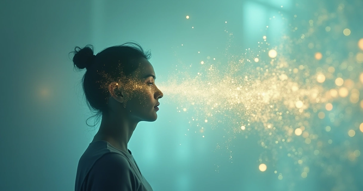 Figura humana envolvida por linhas translúcidas conectando-a a várias formas abstratas ao redor.