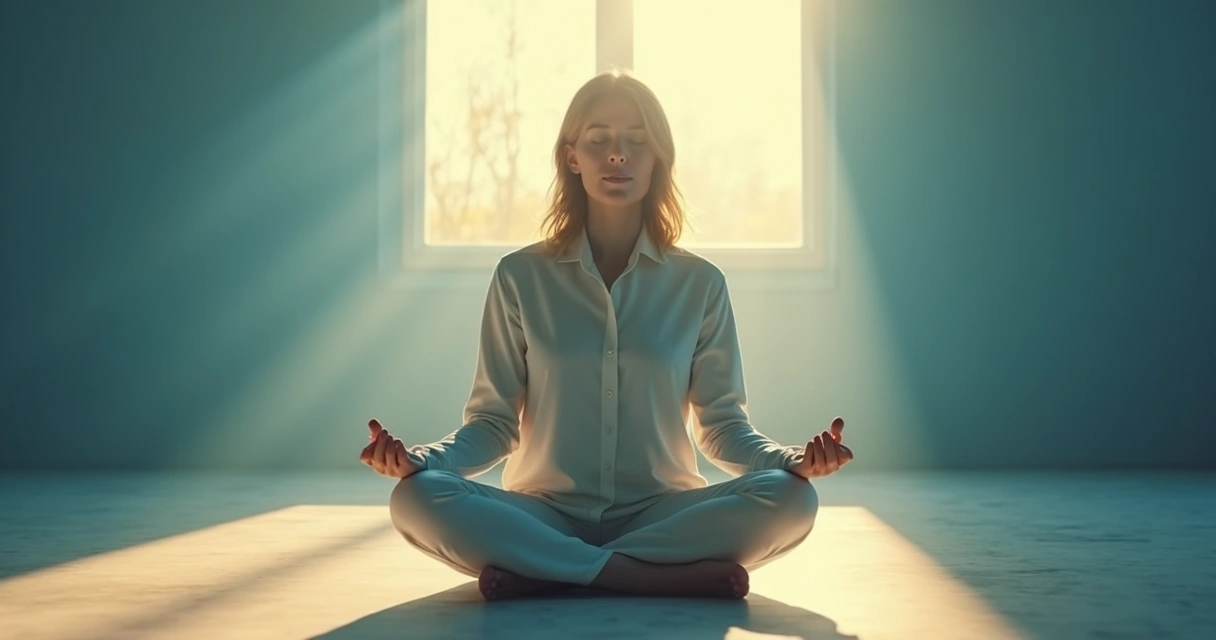 Pessoa de olhos fechados sentada no chão em posição de meditação, envolta por luz suave azul e dourada em ambiente tranquilo
