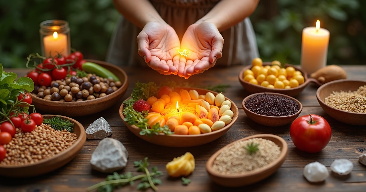 Mãos envoltas em luz sobre pratos coloridos de alimentos frescos, refletindo energia positiva 