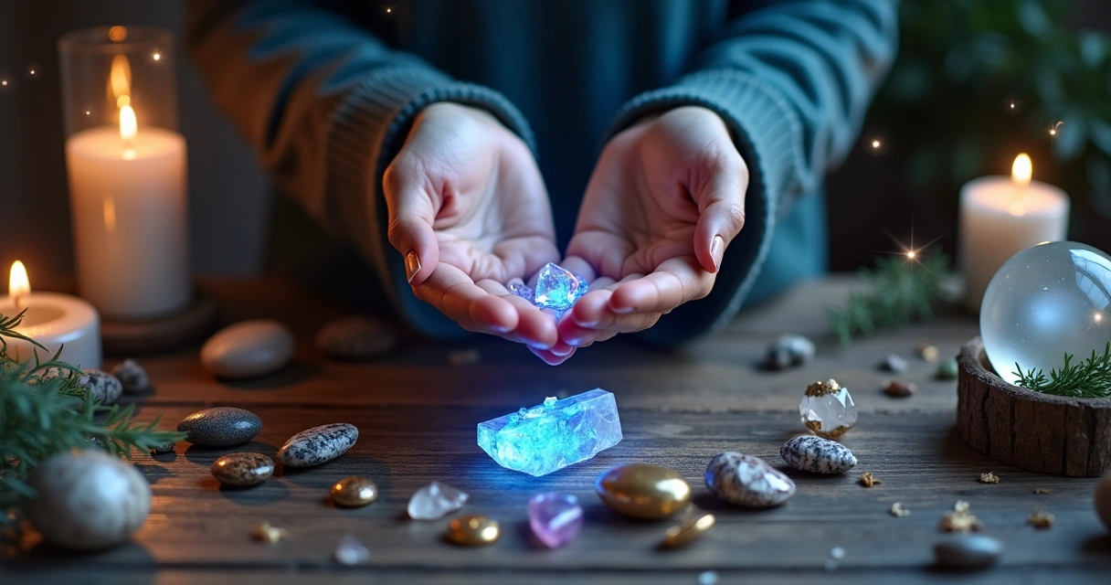 Mãos femininas posicionadas sobre amuletos e cristais emitindo energia luminosa branca 