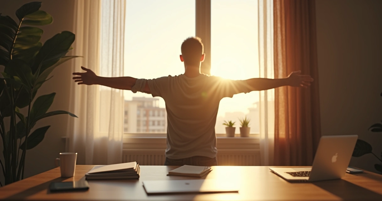 Person stretching in morning light, neat workspace with coffee and notebook