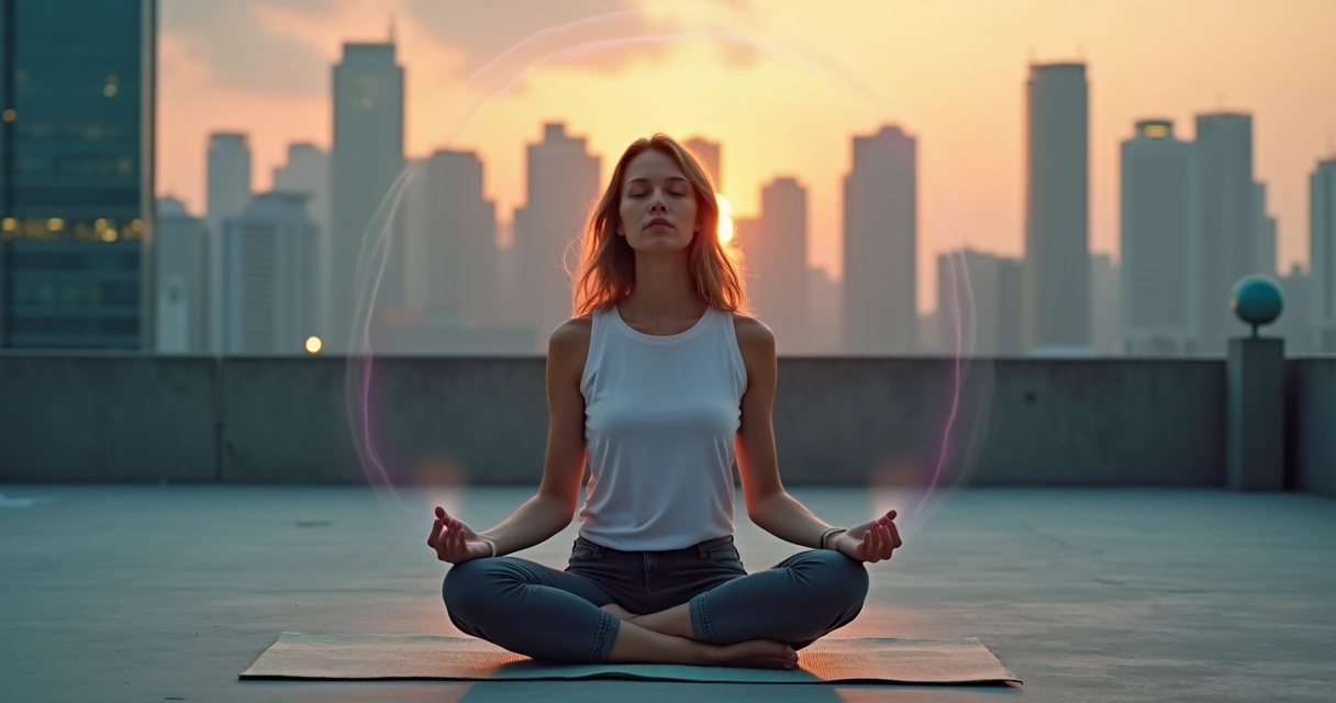 Person meditating inside a glowing energy circle in a modern city at dusk 