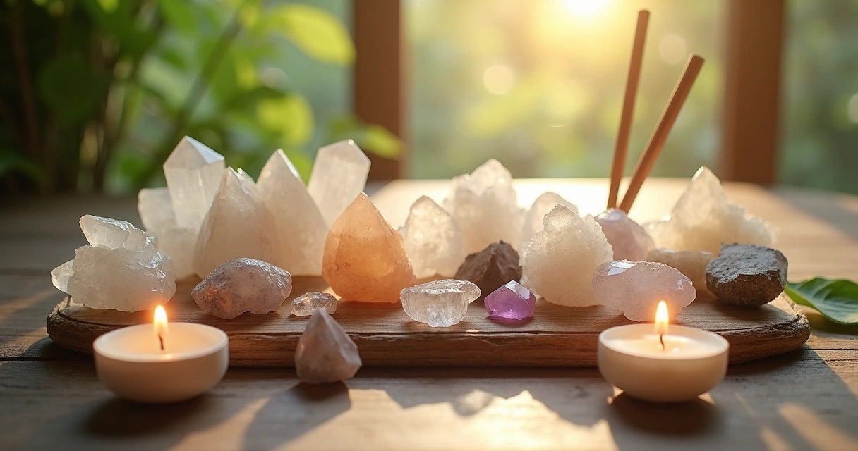 Arrangement of crystals, candles, and incense 