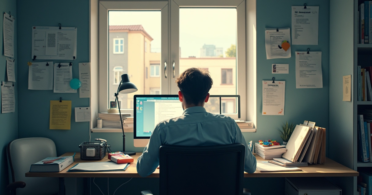 Colleague looking tired at a desk with phone notifications visible