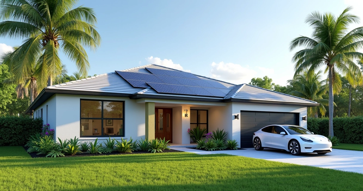 Modern Florida home with solar panels and palm landscaping 