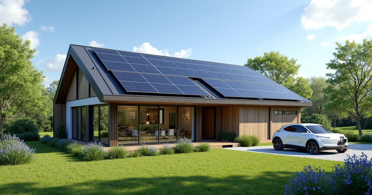 Energy-efficient house with solar panels and green lawn 