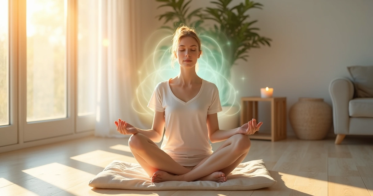 Person meditating with a luminous aura in a calm minimal room 
