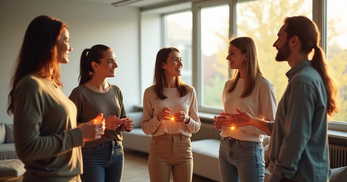 People interacting in a bright room, engaging with each other energetically