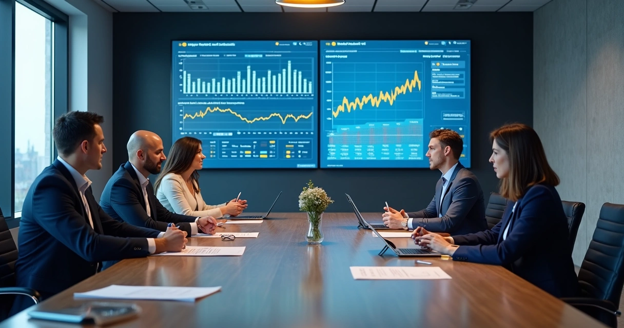 Energy company team reviewing AI-driven stress scenario dashboards 