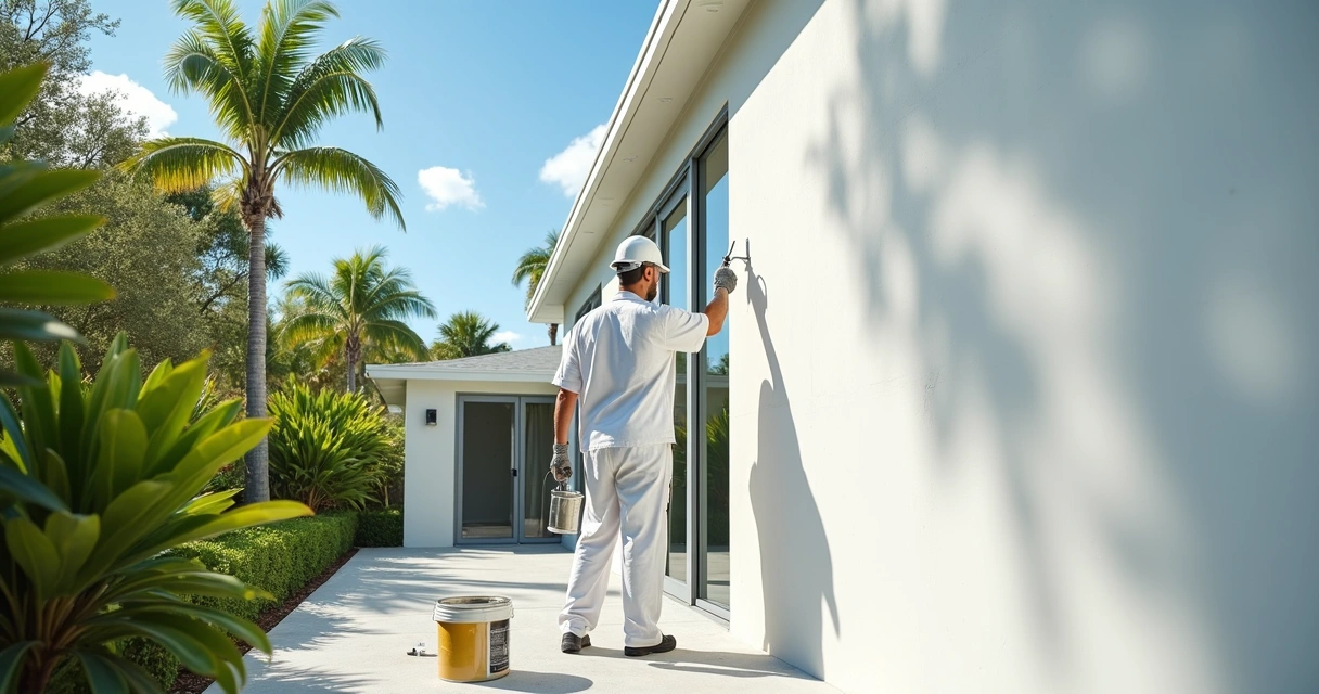 Painter applying white reflective paint to a sunlit Florida home's exterior wall