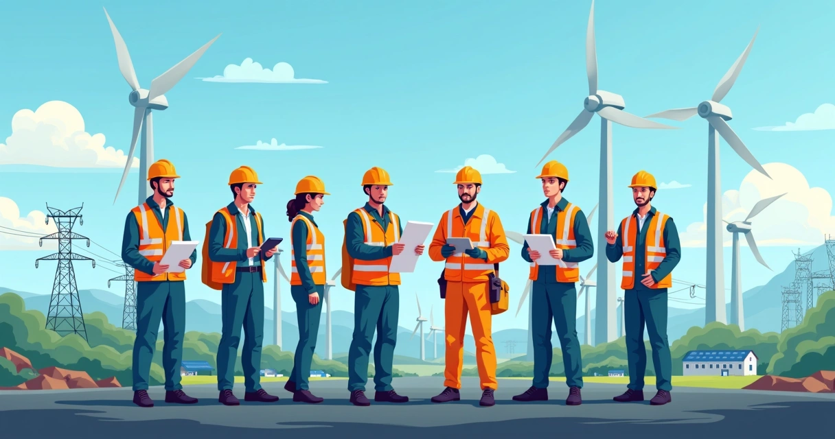 Group of energy sector workers in different uniforms standing together at a power station 