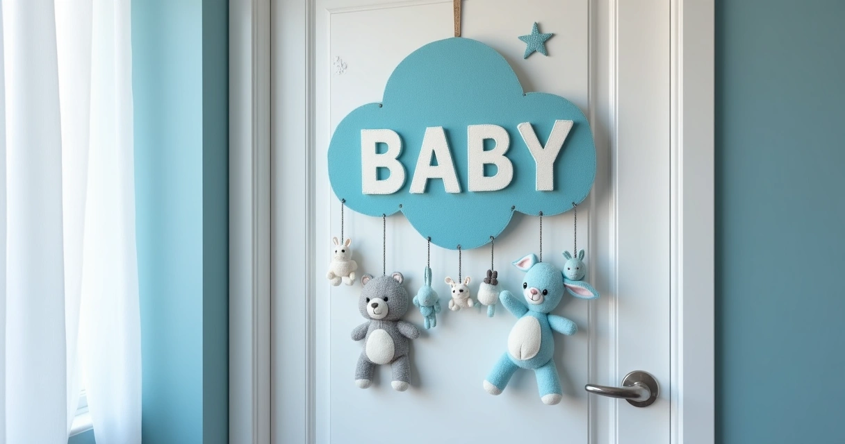 Enfeite personalizado de porta de maternidade com nome do bebê em azul 