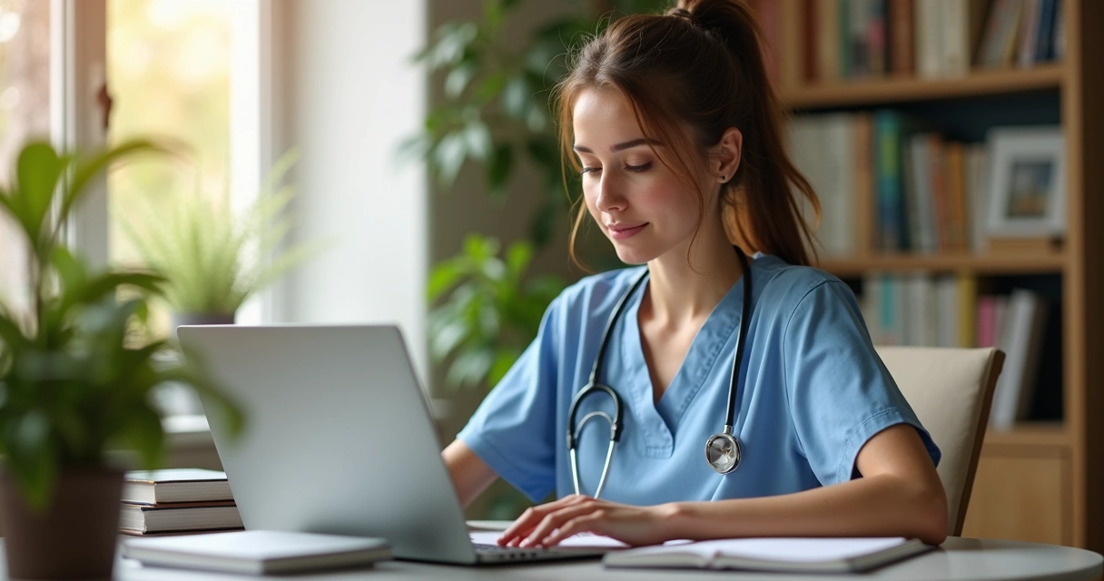 Profissional de enfermagem estudando pós-graduação online em casa 