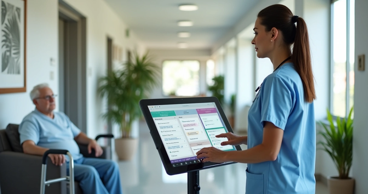 Enfermeira registra escalas de avaliação de idoso em tela digital na ILPI 