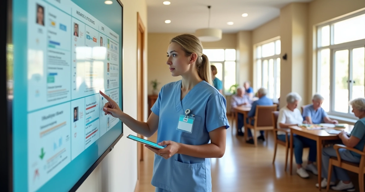 Enfermeira uniformizada em ambiente hospitalar limpo e moderno, registrando resultados de enfermagem em tablet digital ao lado de idosa sentada em poltrona confortável, com expressão atenta e acolhedo