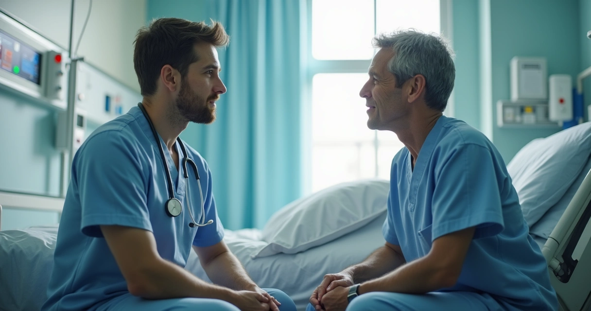 Enfermeiro conversando com paciente de oncologia no hospital 