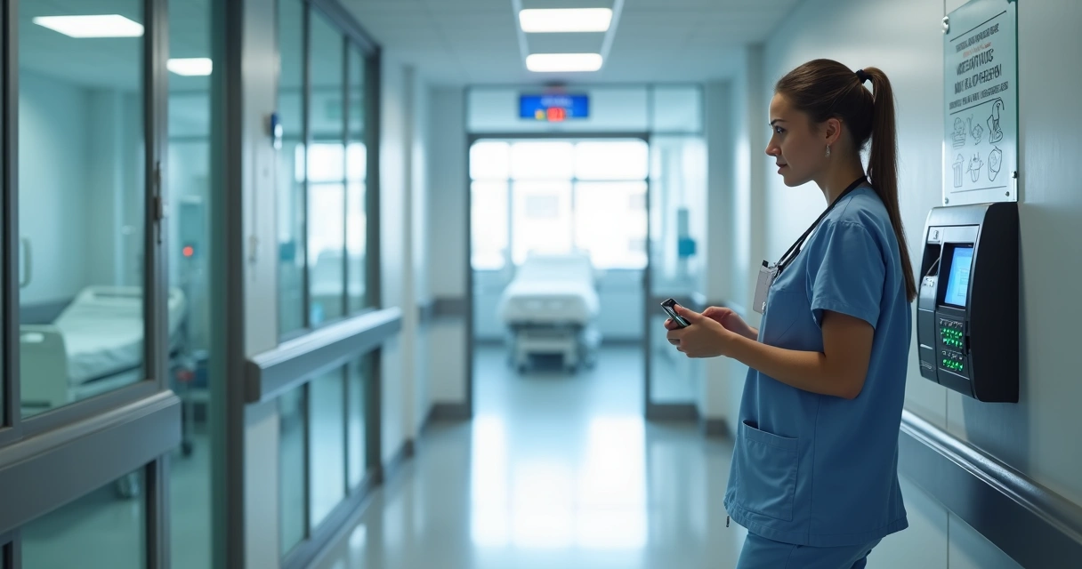 Enfermeira passando crachá em relógio de ponto digital na entrada da enfermaria 