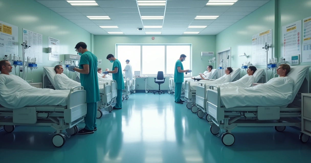 Leito hospitalar com pacientes e profissionais 