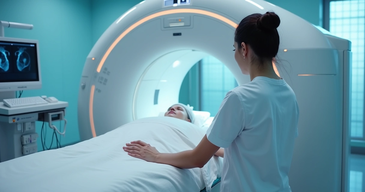 Enfermeira operando um aparelho de tomografia 