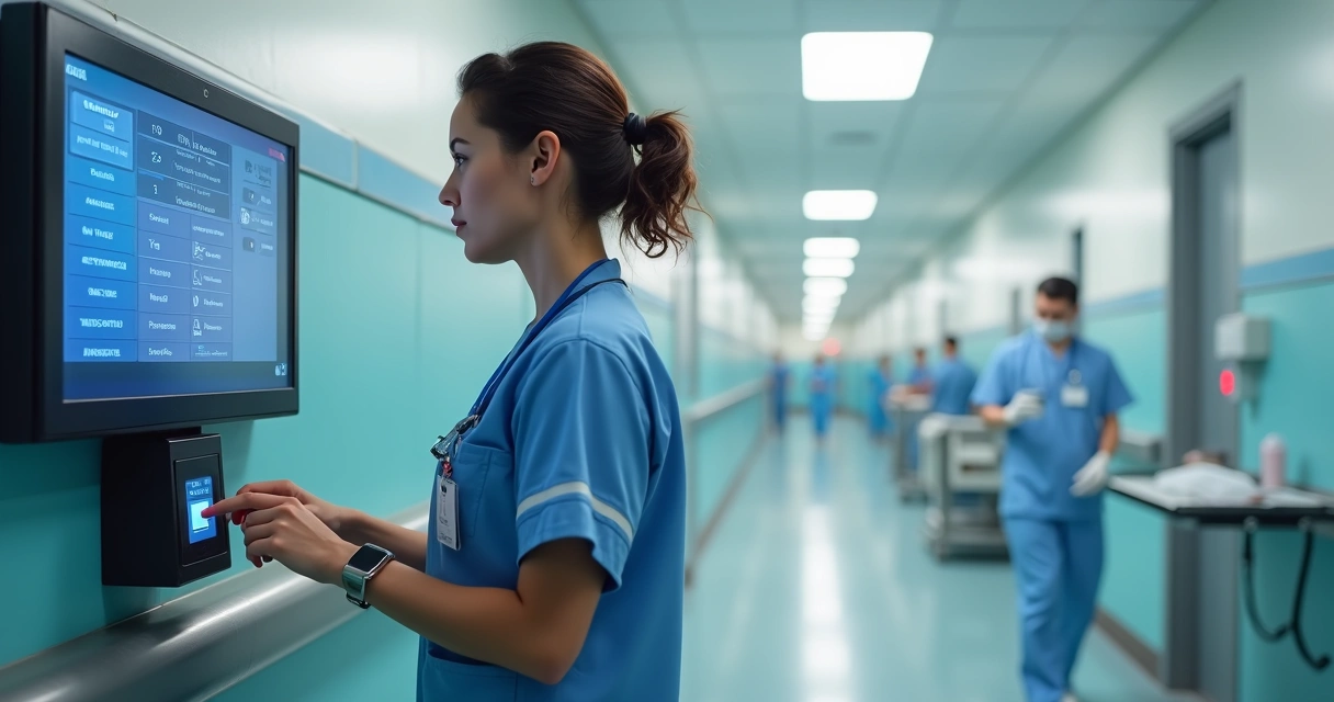 Enfermeira registrando ponto em terminal eletrônico no hospital 