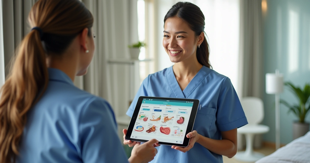 Enfermeira usa tablet para mostrar instruções a paciente 