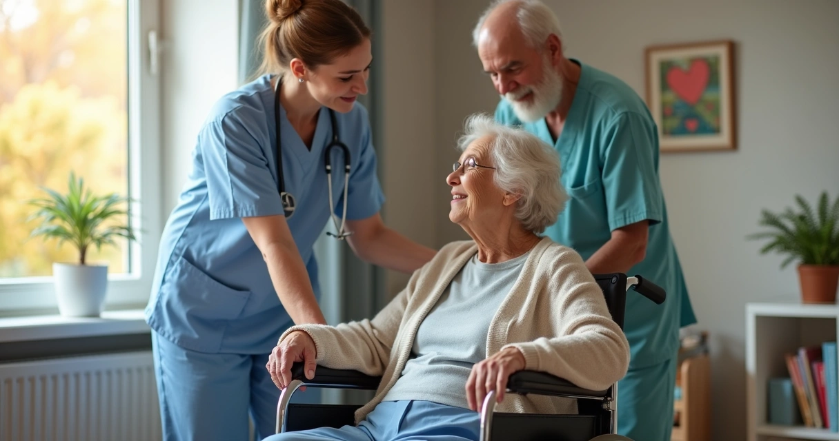 Enfermeira e cuidadora ajudando idosa sentada em cadeira de rodas em ambiente doméstico claro 