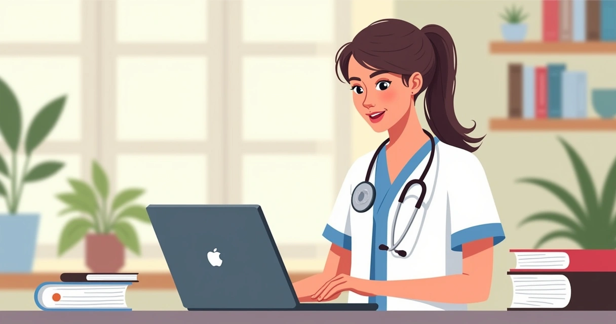 Enfermeira estudando online com laptop em ambiente tranquilo 