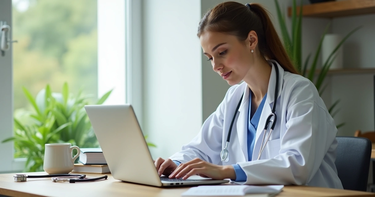 Enfermeira com jaleco branco estuda no notebook em ambiente doméstico 
