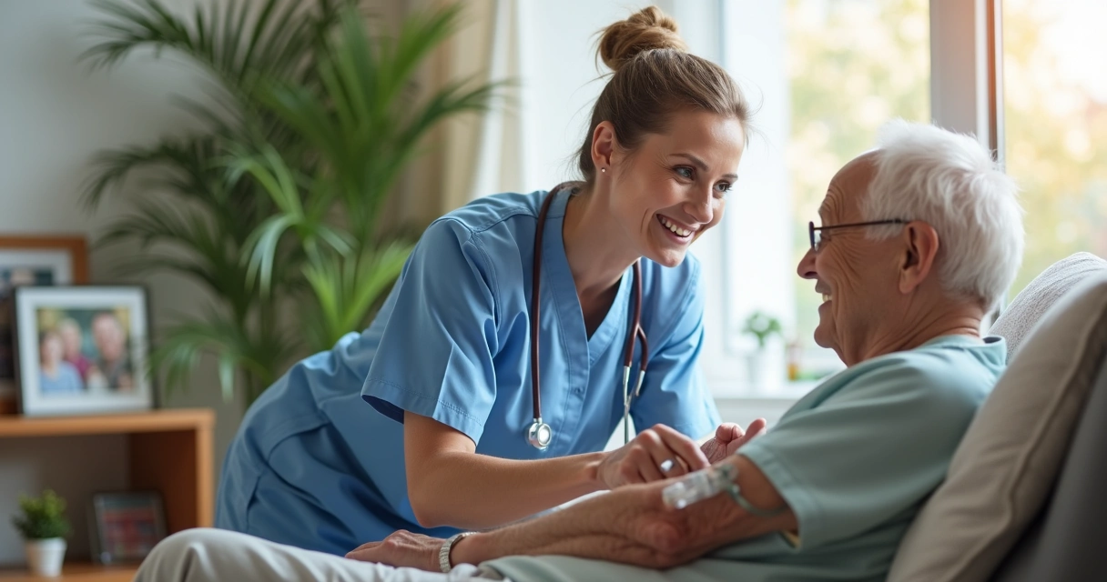 Enfermeira ministra cuidados a paciente idoso em casa