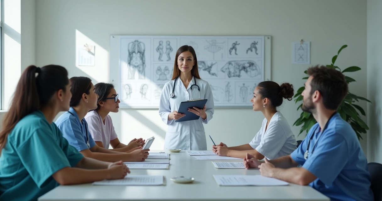 Enfermeira coordenando reunião de equipe em unidade básica 