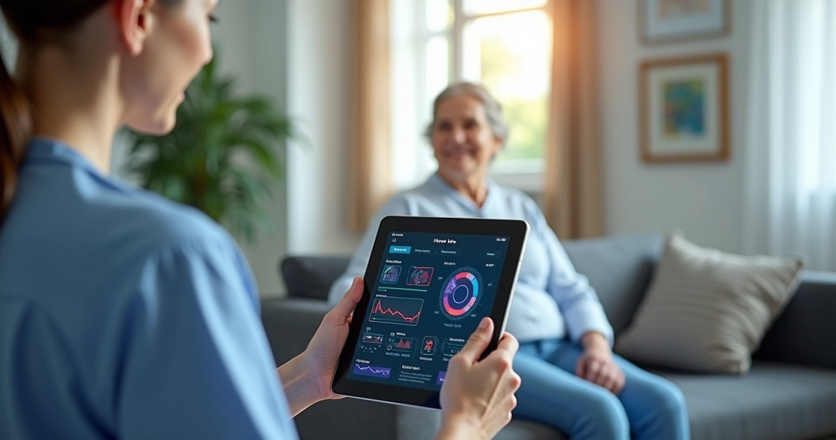 Enfermeira acompanhando dados clínicos em um tablet ao lado de paciente em casa.